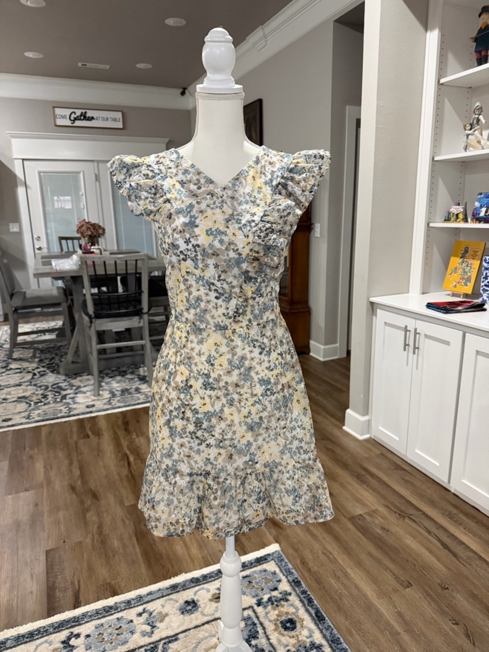 Adelyn Rae Floral Ruffle V-Neck Sundress in Soft Yellow and Blue